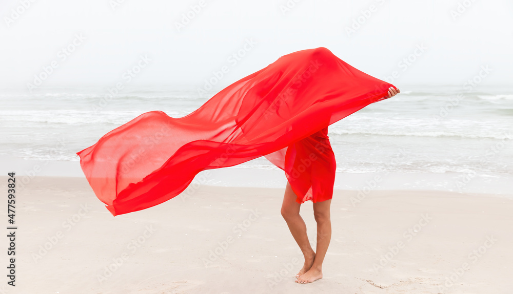 Nude Woman In Red Fabric Posing On Sea Beach Stock Photo Adobe Stock