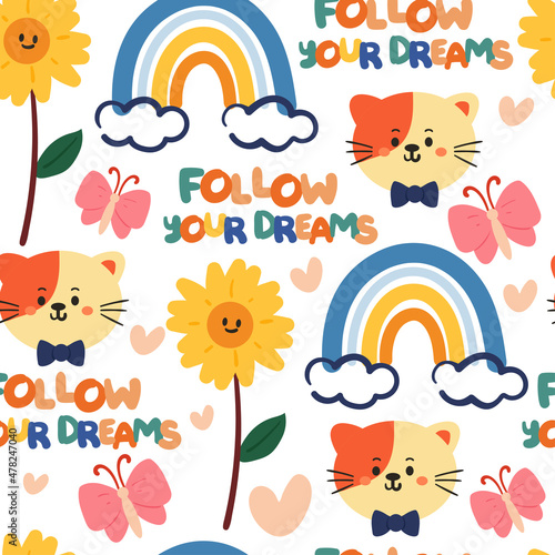 Seamless pattern cute cartoon cat with cute stuff. for kids wallpaper, fabric print, gift wrapping paper