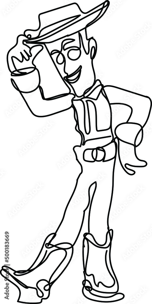 Continuous One Line Drawing Of Stylish Cowboy In Stylish Pose Holding