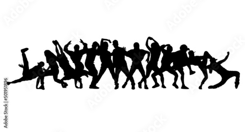 Detailed vector illustration silhouettes of expressive dance colorful group of people dancing. Jazz funk, hip-hop, house dance. Dancer man jumping on white background. Happy celebration.  Party.

