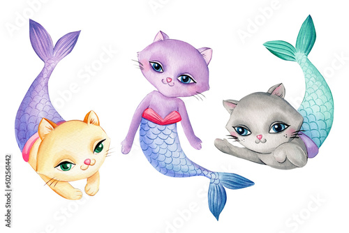 Cute unicorn cat, mermaid cat on an isolated white background. Watercolor drawing