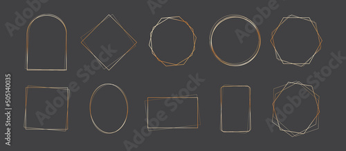 Set of luxury gold geometric frames design. Abstract golden shapes graphic template isolated on white background. Decorative border elements for wedding or invitation. Vector illustration