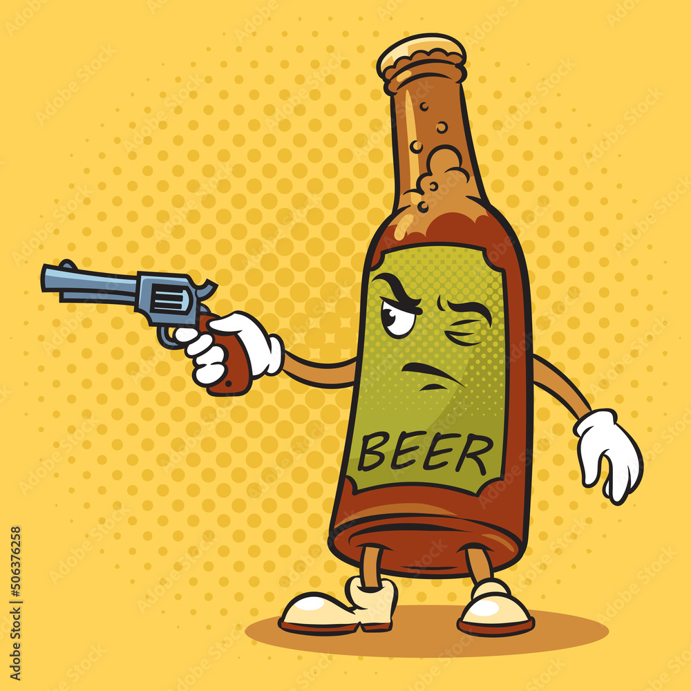 Cartoon Beer Bottle With Revolver Gun Pistol Pop Art Retro Raster