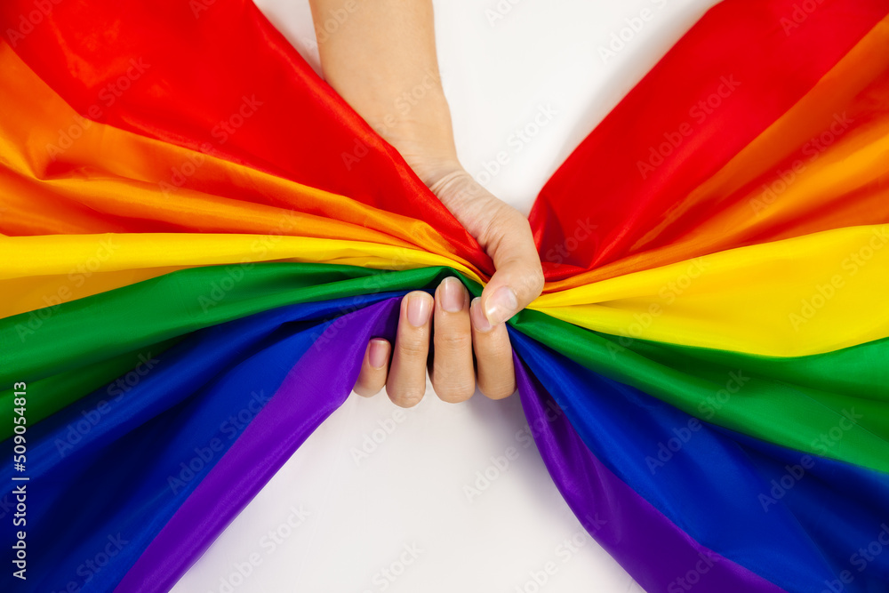 Lgbtq Flag And Hand Pride Flag Symbol Of Lesbian Gay Bisexsual Transgender Queer Or Homosexsual