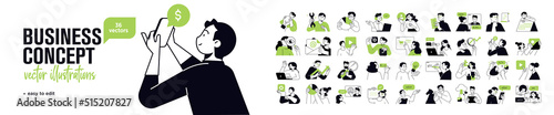 Business concept illustrations. Set of people vector illustrations in various activities of business management, online communication, e-commerce, project management, finance and marketing. 