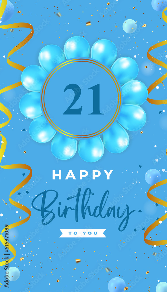 Happy Th Birthday With Blue Balloon And Gold Confetti Isolated On