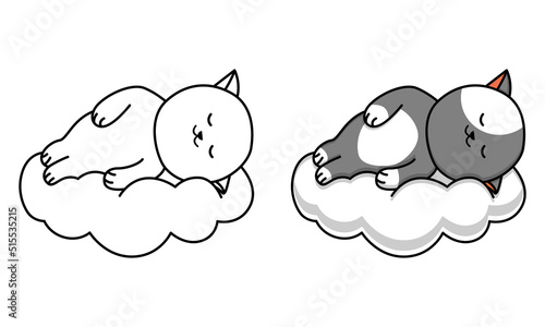 Cute cat sleeping on cloud coloring page for kids