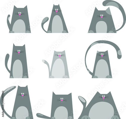 Stylized silhouettes of black cats pictures, stickers, compositions, stickers, etc. Figures of cats isolated on a white background.  Stock vector