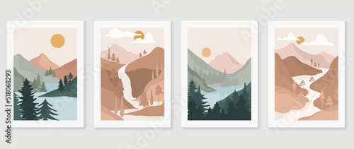 Set of abstract landscape wall art vector. Mountains, hills, sunset view, lake, waterfall, river in fall season. Autumn wall decoration collection design for interior, poster, cover, banner.
