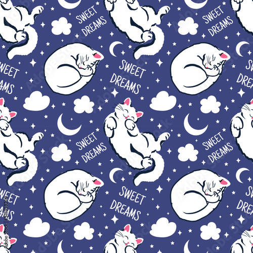 sweet dreams seamless pattern with cute sleeping cats. Night vector background for textiles, clothes, wrapping paper