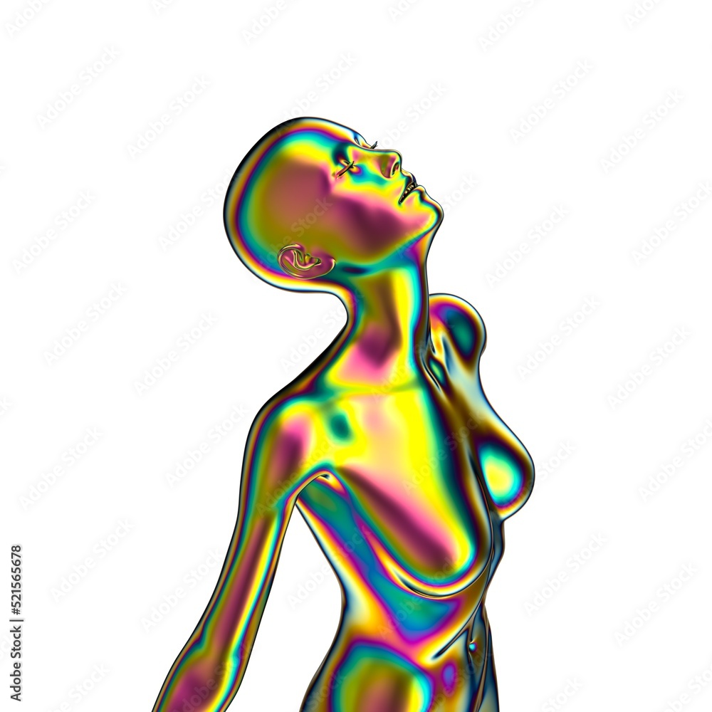 Iridescent Metallic Glossy Naked Woman Mannequin In A Freedom Pose