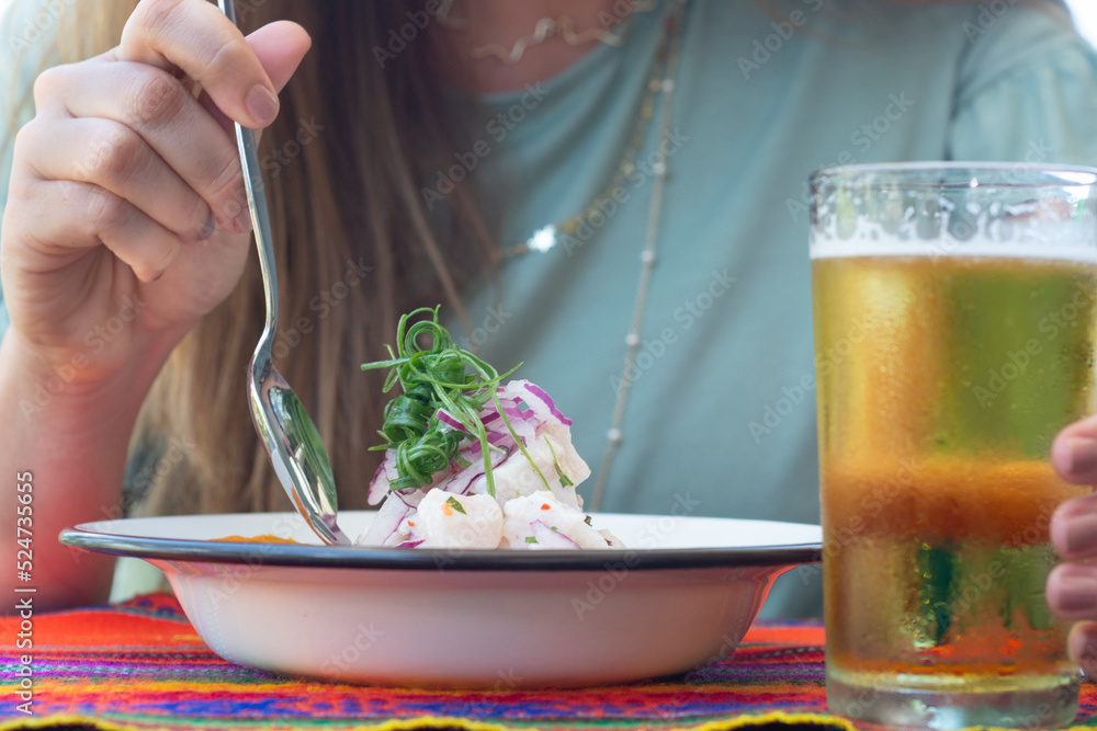 Girl Eating Ceviche Peruvian Food Blonde Eating Stock Photo Adobe Stock