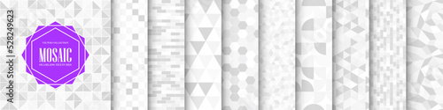 Collection of seamless geometric patterns. White and gray mosaic tile endless textures. Abstract fashion artwork backgrounds