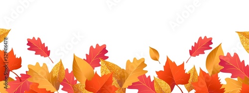 Autumn seasonal background with long horizontal border made of falling autumn golden, red and orange colored leaves isolated on transparent background. Hello autumn png illustration