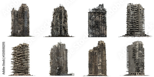 set of ruined skyscrapers, post-apocalyptic buildings isolated on white background
