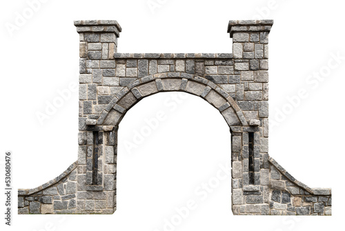 ancient architectural door with stone arcade archway and surrounding wall isolated on white background