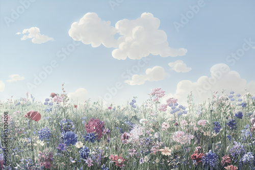 Children's painted colored wallpaper. Colorful illustration of a wide blooming summer meadow. Design for a children's room, wallpaper, photo wallpaper.