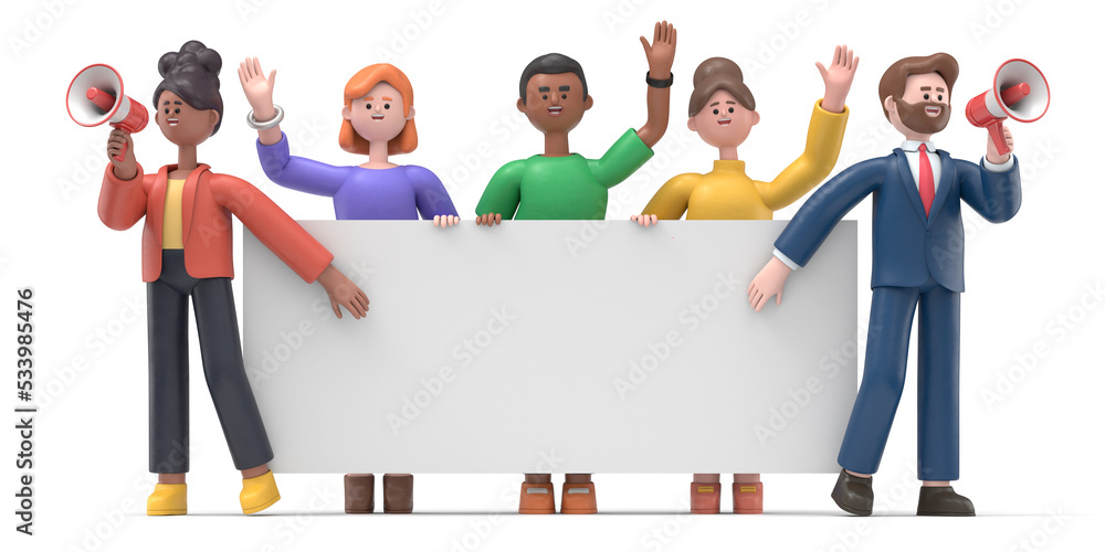 3D Illustration Of Cartoon Characters Stand Holding Together White