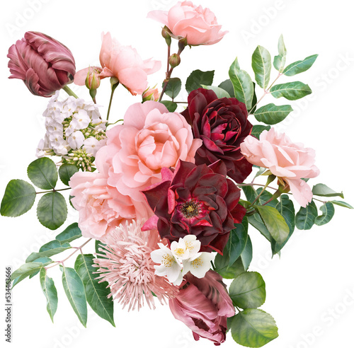 Red and pink flowers isolated on a transparent background. Floral arrangement, bouquet of roses and tulips. Can be used for invitations, greeting, wedding card.