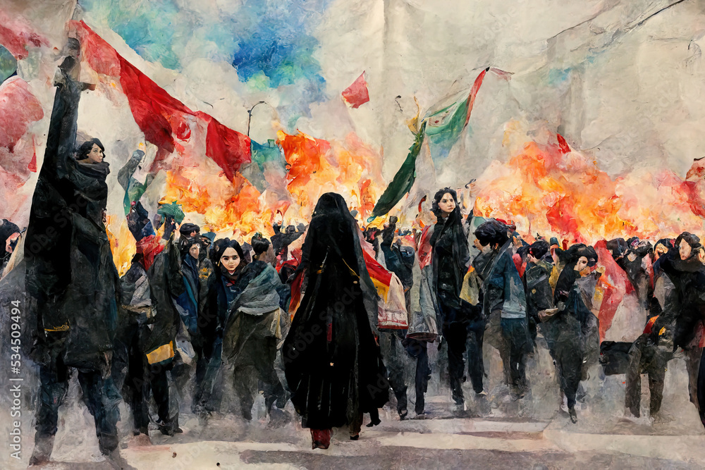 Watercolour Digital Painting Of Anti Hijab And Anti Government Protests