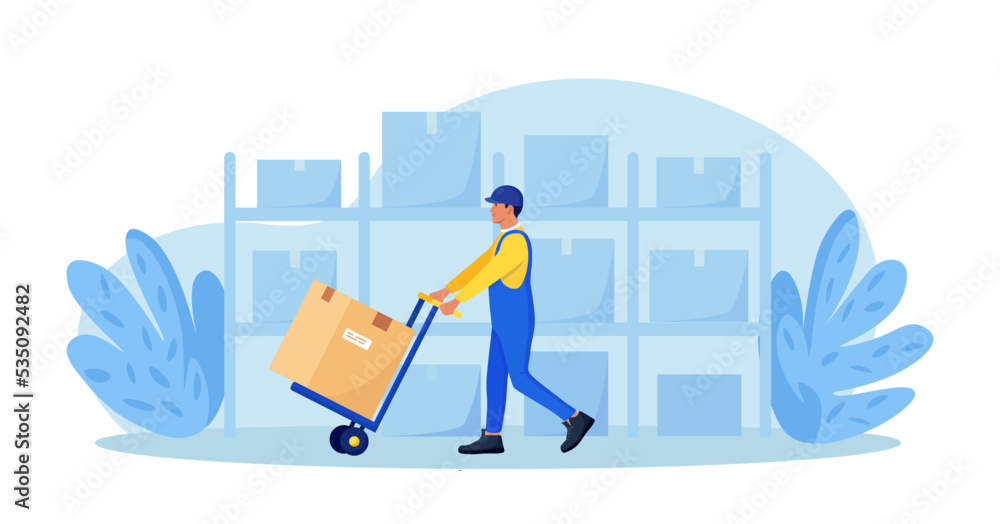 Warehouse Worker Pushing Hand Cart With Effort Man Moving Pushcart