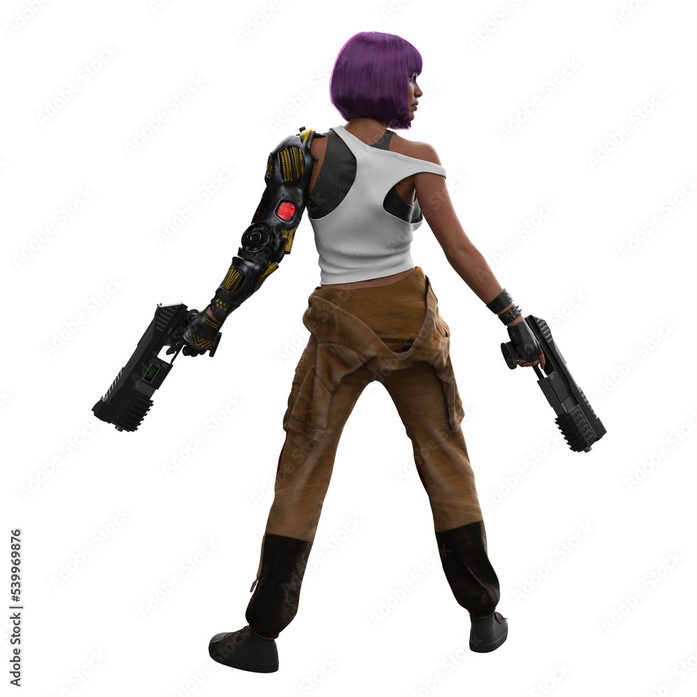 Cyberpunk Woman With Purple Hair Cybernetic Arm And Eye Implants Seen