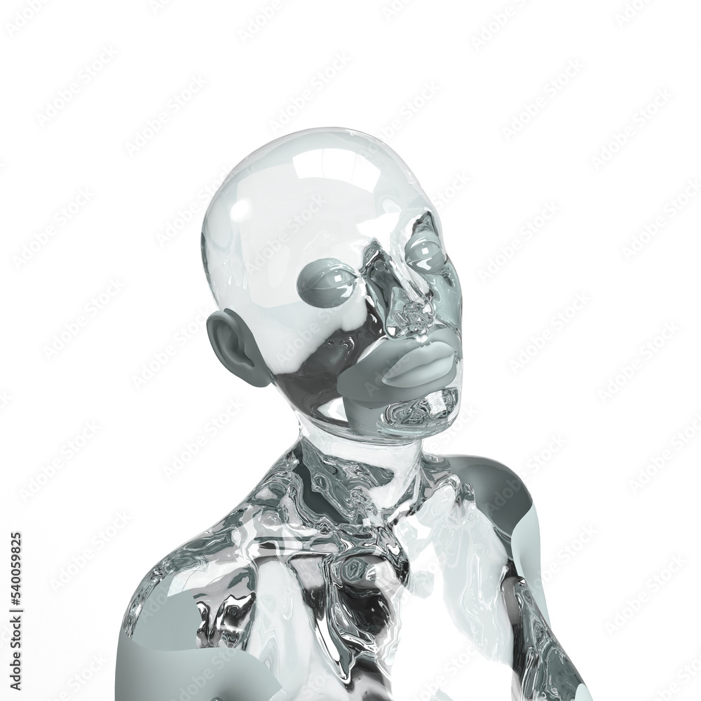 Three Dimensional Model Portrait Of A Transparent Naked Bald Woman On A White Background Stock