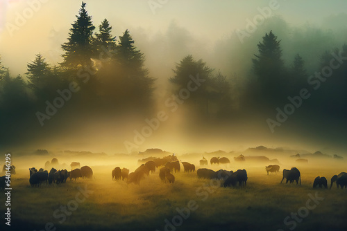 Herd of wild animals in the morning mist and a mountain landscape.