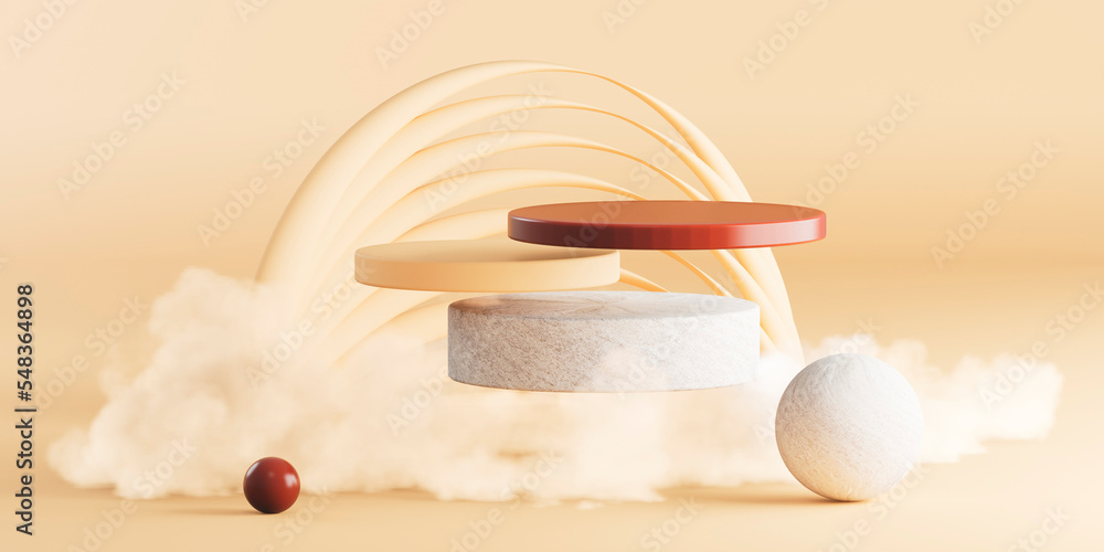 D Background Products Display Podium Scene With Geometric Platform And Smoke Nude Yellow
