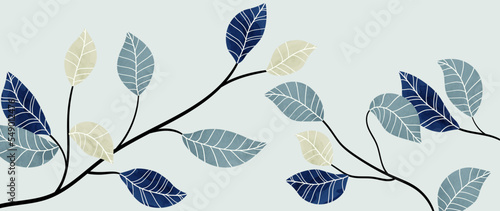 Abstract vector botanical background. Leaves with branches, plants with foliage, tree branches, leaves hand drawn with watercolor texture in cold colors. Botanical design for cover, prints, wall art