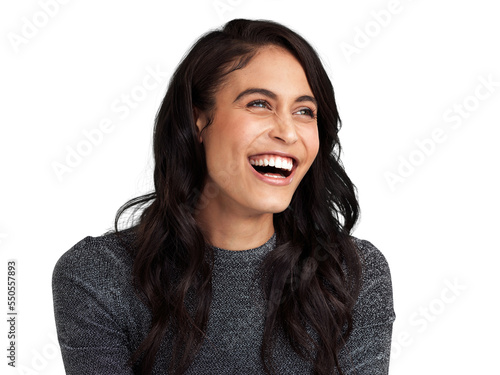 PNG Shot of a beautiful young woman laughing while standing against a grey background