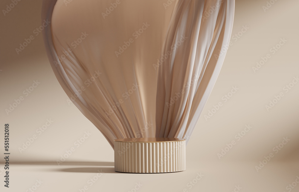 D Display Podium Beige Background With Pedestal And Flying Nude Color Silk Cloth Curtain