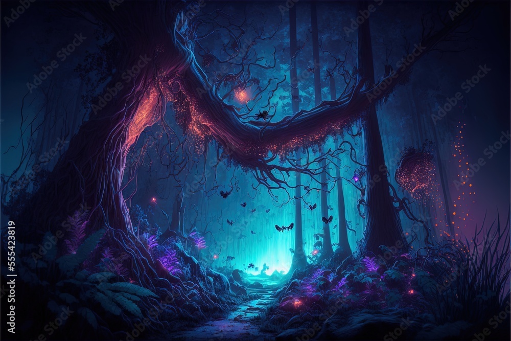 Night Magical Fantasy Forest Forest Landscape Neon Magical Lights In