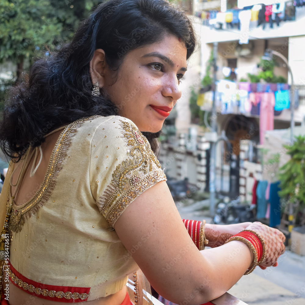 Beautiful Woman Dressed Up As Indian Tradition With Henna Mehndi Design