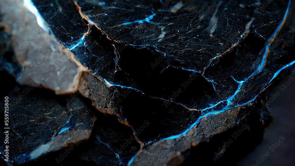 Abstract Black Marble Stone Wallpaper With Glowing Blue Cracks