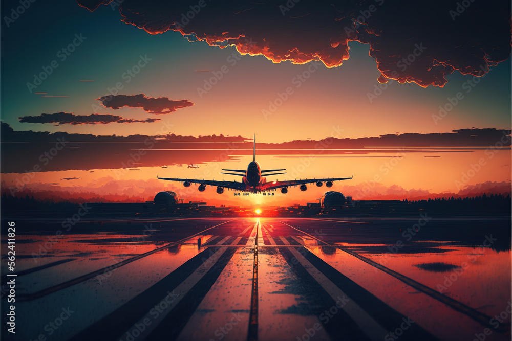 A View Of An Airport Runway With A Plane Taking Off At An Orange Sunset