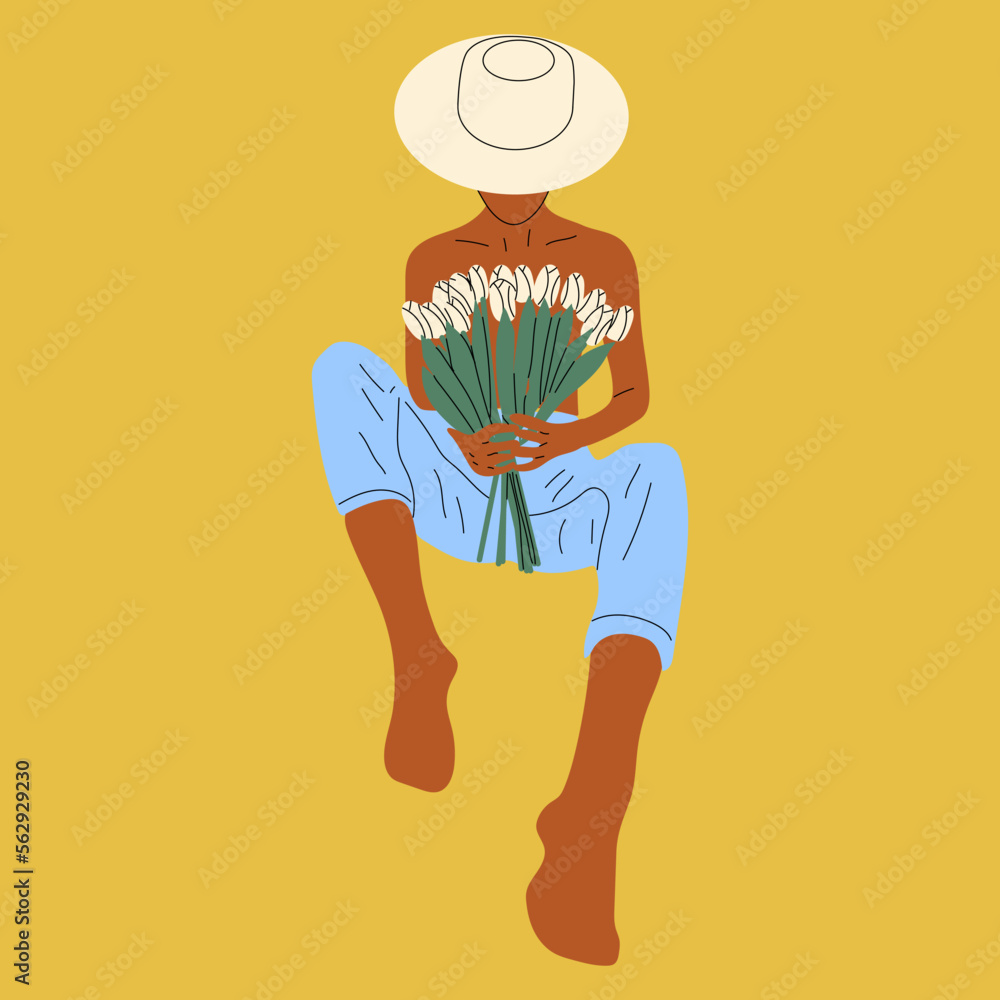 Female Blooming From Within Flat Vector Illustration Nude Woman With Flowers Growing From Chest