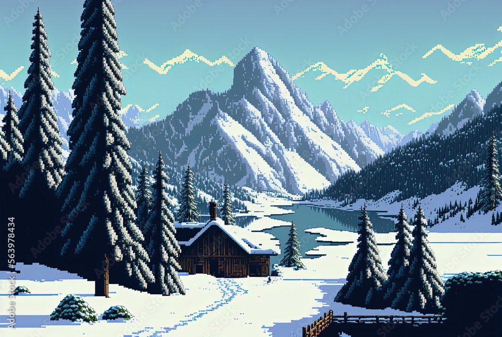 Pixel Art Landscape Of Switzerland In Winter With House Pine Trees And