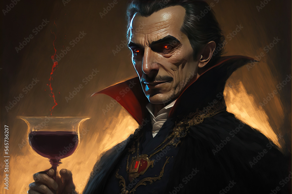 Close Up Of Count Dracula Dressed In Black Cape Holding A Chalice Of