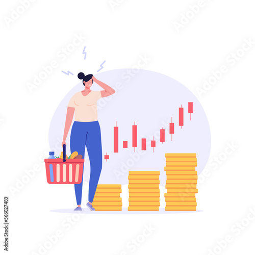 Consumer with shopping cart and grocery prices rising. Increase inflation. Concept of inflation, rising food cost, financial crisis. Vector illustration in flat cartoon design.