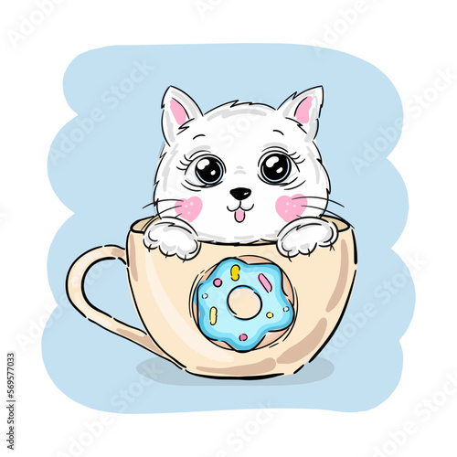 Cute cat in cup with blue donut. Funny kitty. Happy kitten sitting in blue mug. Cartoon sweet pet, hand drawn vector illustration isolated on white. Flat design