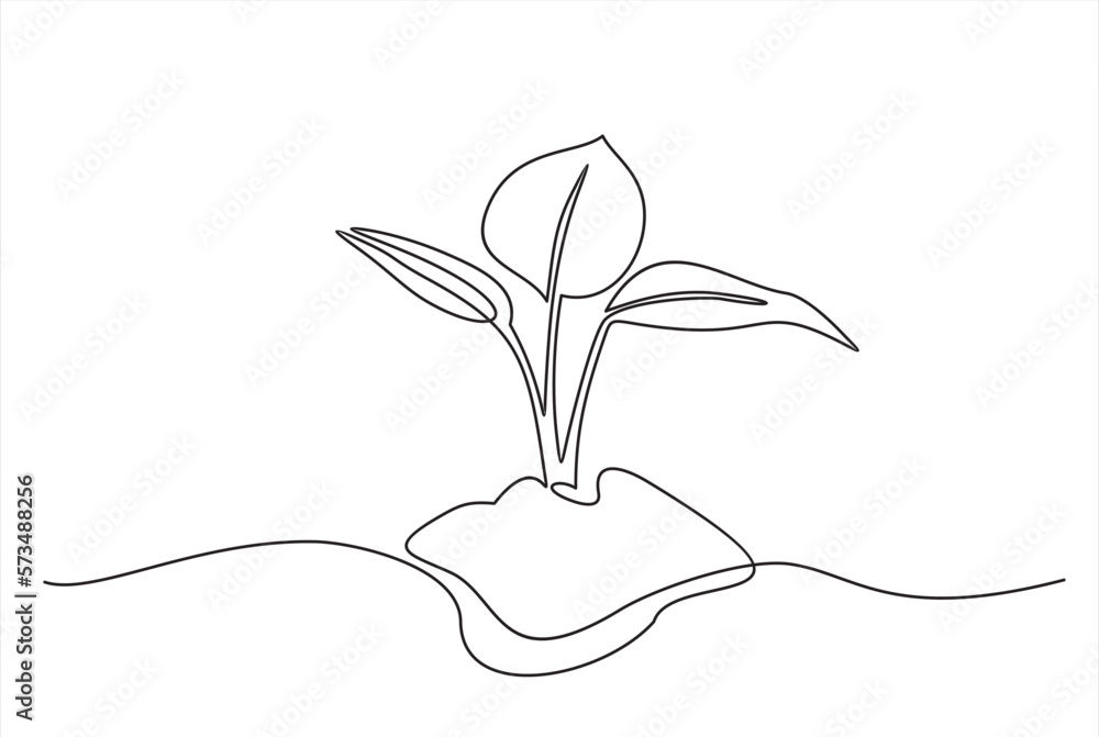 Single Continuous Line Art Growing Sprout Plant Leaves Seed Grow Soil