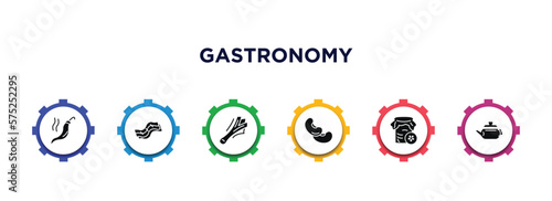 gastronomy filled icons with infographic template. glyph icons such as spice, bacon, leek, beans, pickle, teapot vector.