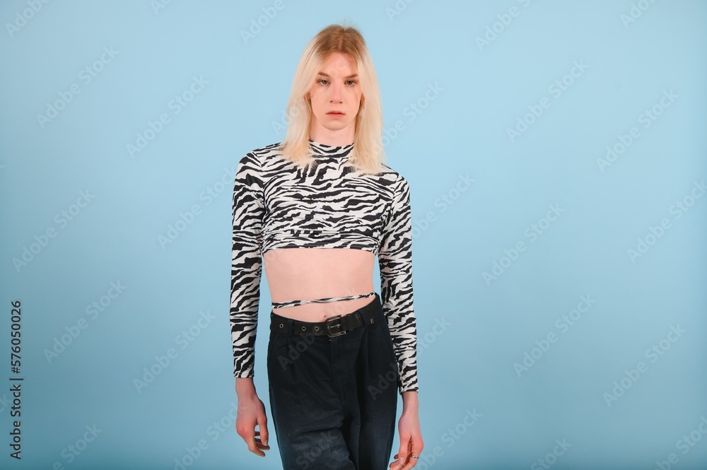 Youth Transgender Lgbt Looking At Camera While Posing Isolated Over Nude Color Background Stock