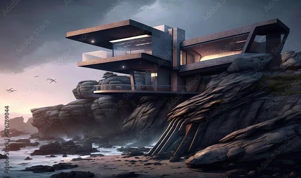 A Futuristic House On A Cliff Overlooking A Body Of Water With Birds