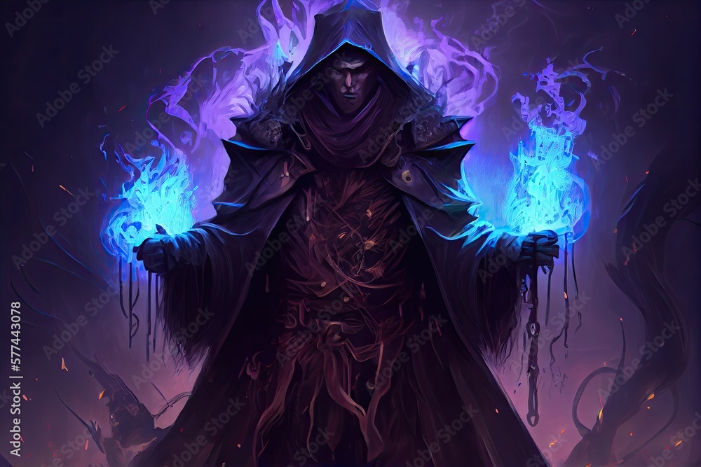 Dark Fantasy Illustration Of An Evil Arcanist Mage In A Misty Black