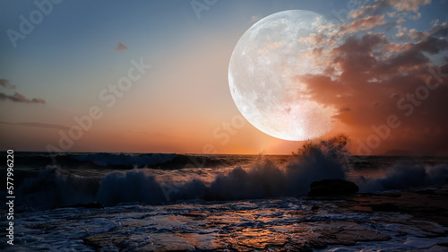 Dusk sky with full moon in the clouds over the blue sea at sunset "Elements of this image furnished by NASA"