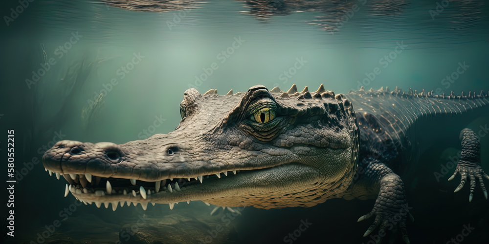 Photograph Of A Crocodile Swimming Underwater Close Up Of The Head