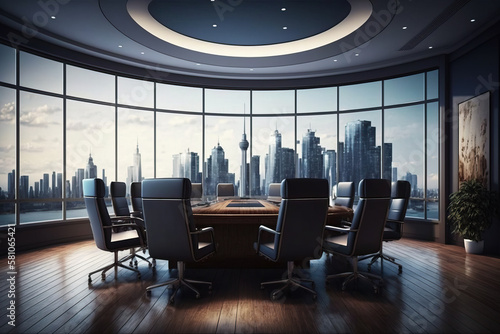 profesional luxury conference room with table, chairs and big windows with city skyline. generative ai