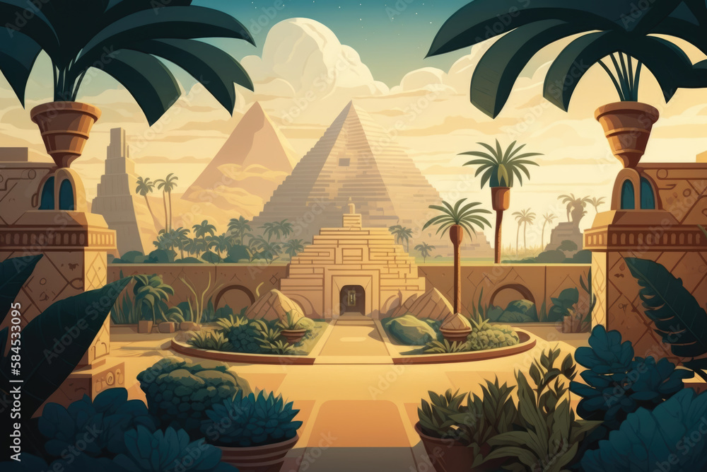 Fantasy Illustration Of Egyptian Pyramids And Semiramis Hanging Gardens